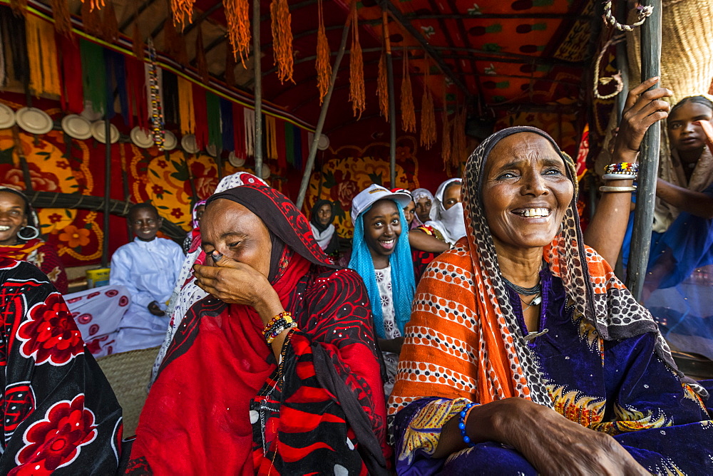 Very colourful dressed Toubou women, tribal festival, Place de la Nation, N'Djamena, Chad, Africa