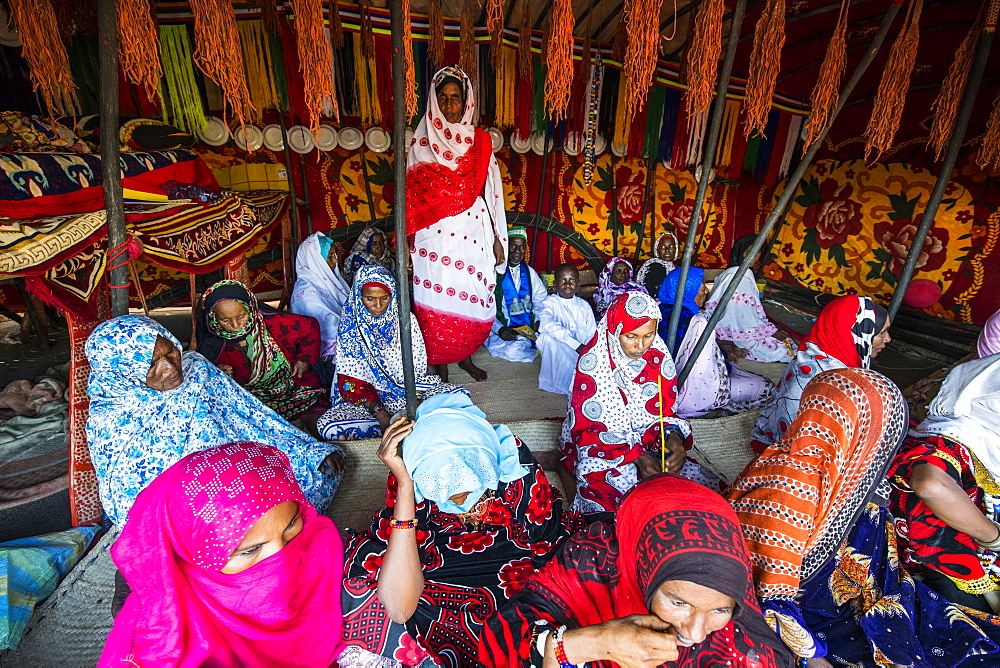 Very colourful dressed Toubou women, tribal festival, Place de la Nation, N'Djamena, Chad, Africa