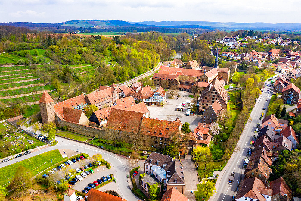 Aerial by drone of Maulbronn Monastery, UNESCO World Heritage Site, Baden Wurttemberg, Germany, Europe