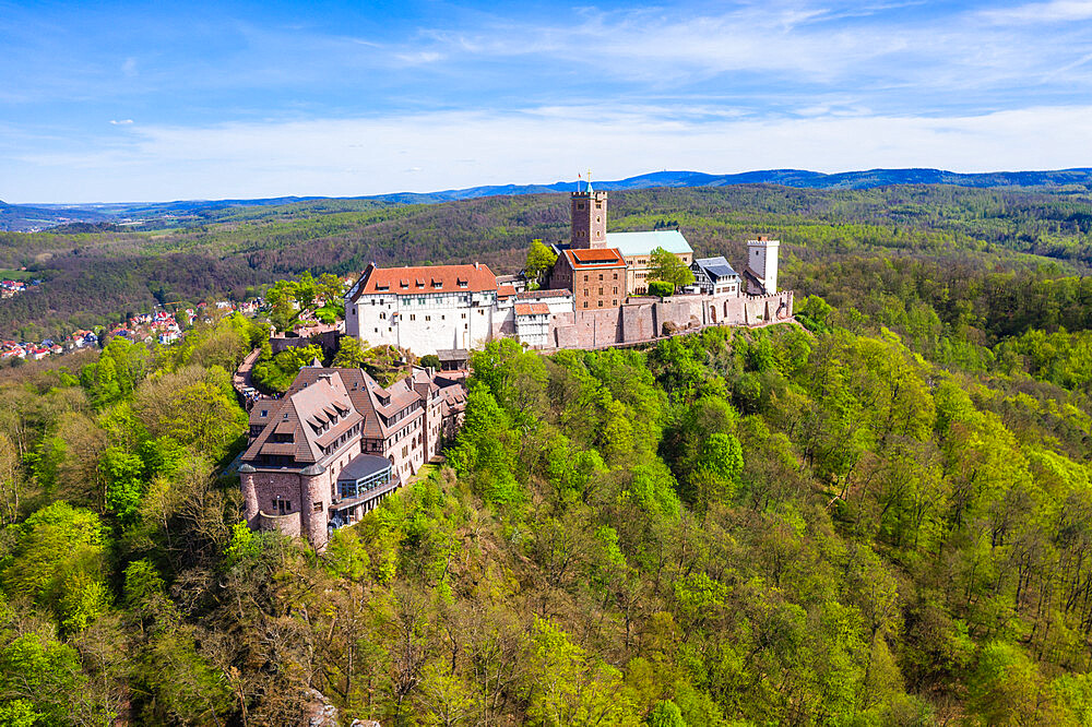 Aerial by drone of Wartburg Castle, UNESCO World Heritage Site, Thuringia, Germany, Europe