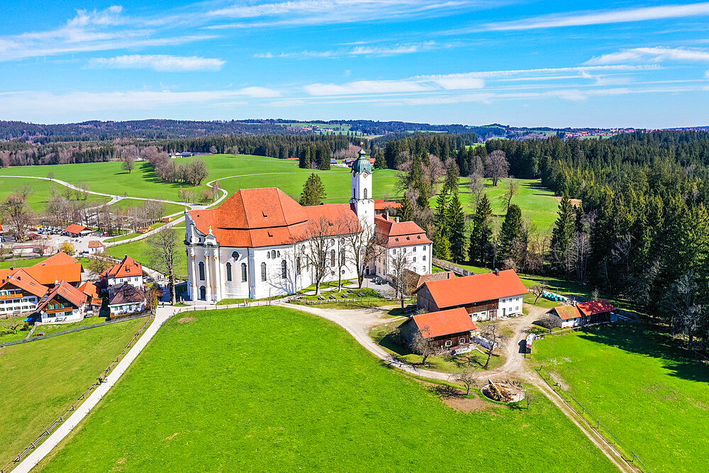 Aerial of the Pilgrimage Church of Wies, UNESCO World Heritage Site, Bavaria, Germany, Europe