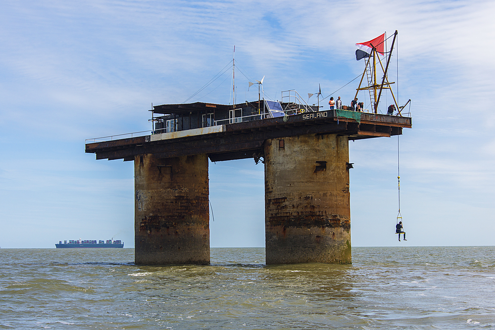 View of Roughs Tower, the former defense plattform, a Maunsell Sea Fort, now the Principality of Sealand, North Sea, Europe