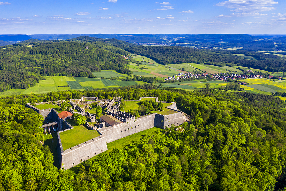 Aerial by drone of Fortress Rothenberg, Franconia, Bavaria, Germany, Europe