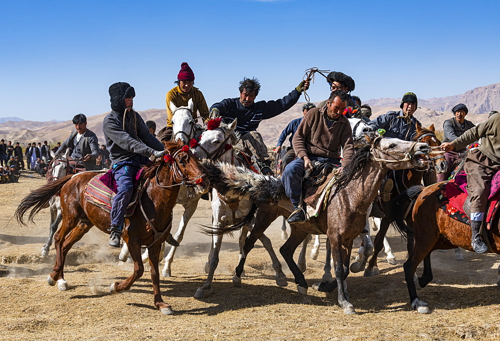 Men practising a traditional Buzkashi game, Yaklawang, Afghanistan, Asia