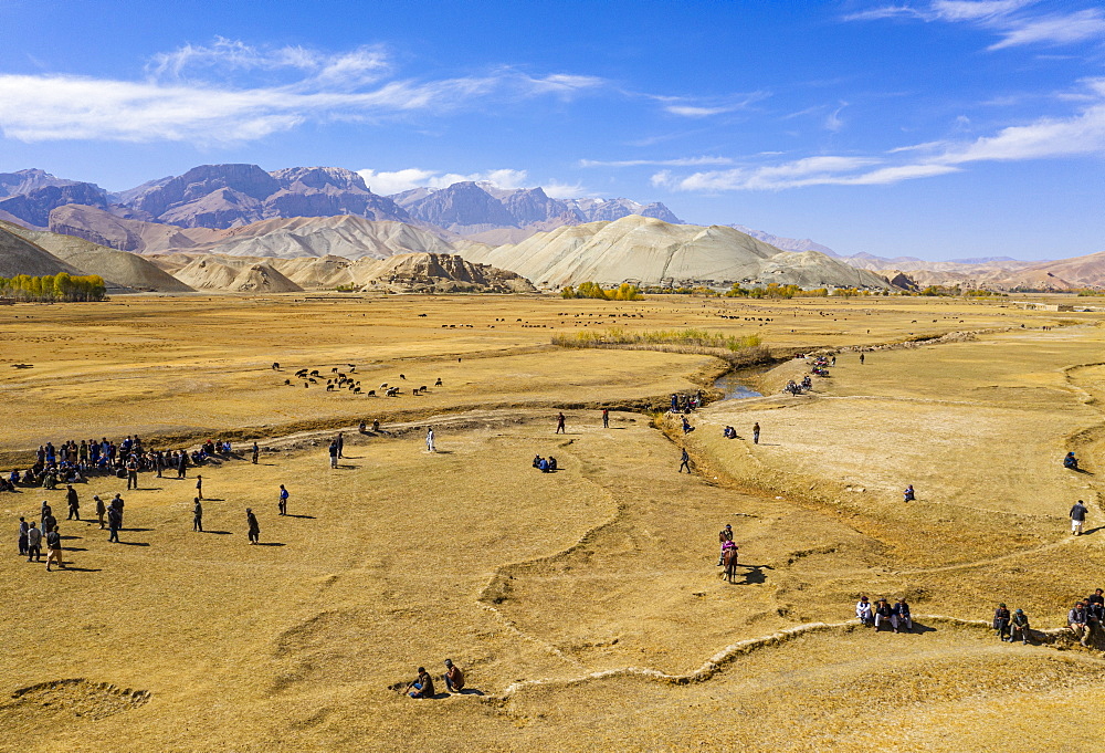 Aerial by drone of a Buzkashi game, Yaklawang, Afghanistan, Asia