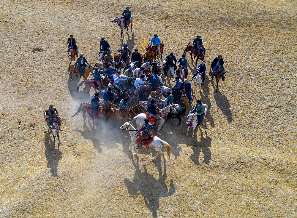 Aerial of a Buzkashi game, Yaklawang, Afghanistan, Asia