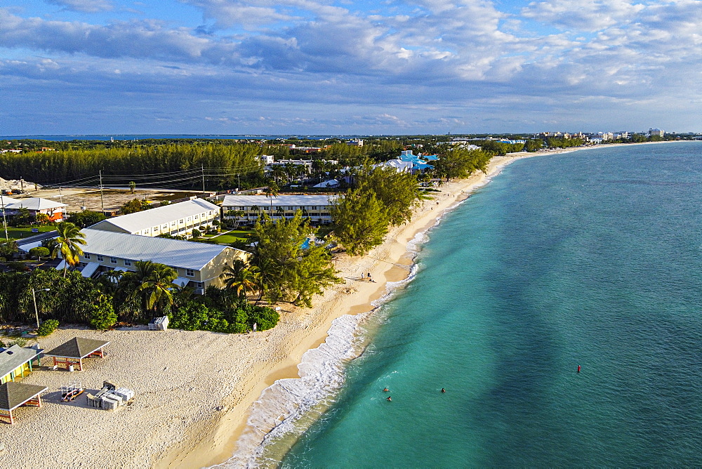 Aerial of the Seven Mile Beach, Grand Cayman, Cayman Islands, Caribbean, Central America