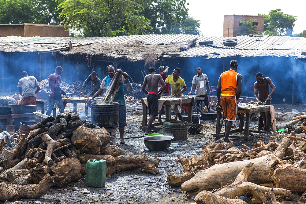 Locals tanning cattle skins, Central market, Niamey, Niger, West Africa, Africa