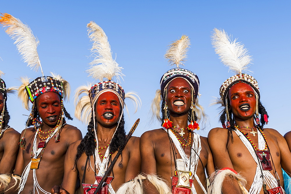 Wodaabe-Bororo men with faces painted at the annual Gerewol festival, courtship ritual competition among the Wodaabe Fula people, Niger, West Africa, Africa