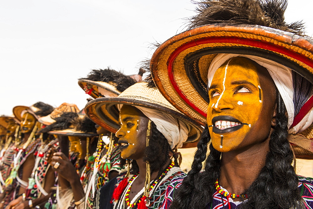 Wodaabe-Bororo men with faces painted at the annual Gerewol festival, courtship ritual competition among the Wodaabe Fula people, Niger, West Africa, Africa