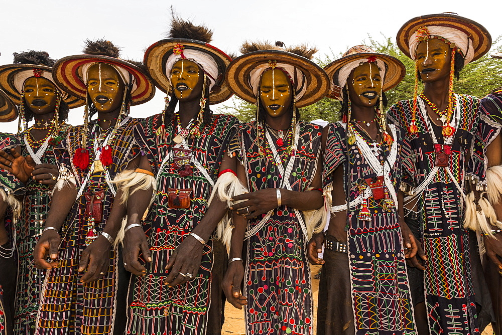 Wodaabe-Bororo men with faces painted at the annual Gerewol festival, courtship ritual competition among the Wodaabe Fula people, Niger, West Africa, Africa