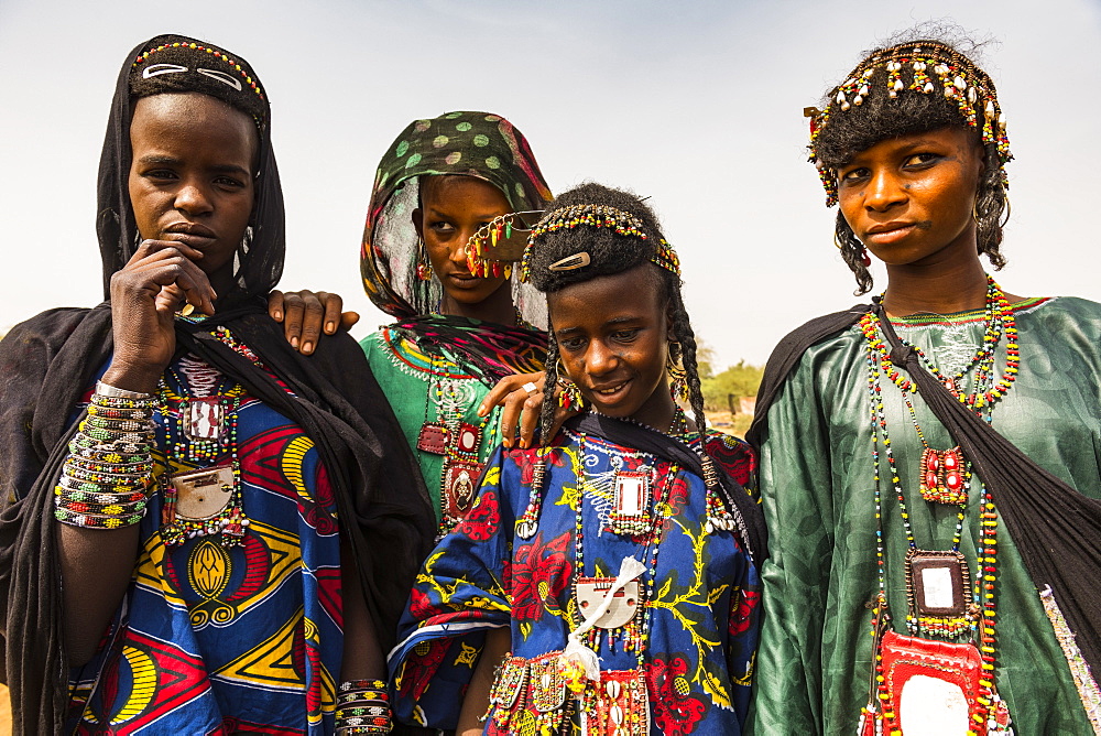 Young girls at the Gerewol festival, courtship ritual competition among the Wodaabe Fula people, Niger, West Africa, Africa