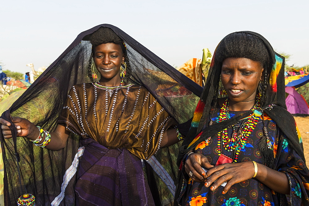 Young girls at the Gerewol festival, courtship ritual competition among the Wodaabe Fula people, Niger, West Africa, Africa