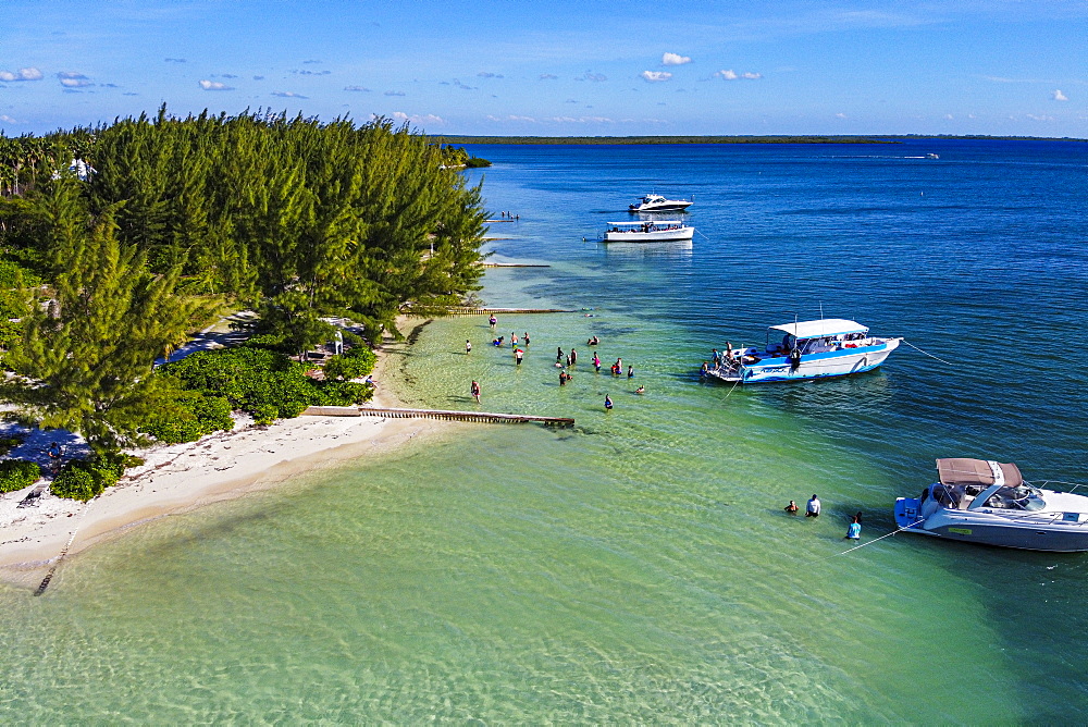 Aerial by drone of Starfish Point on Water Cay, Grand Cayman, Cayman Islands, Caribbean, Central America