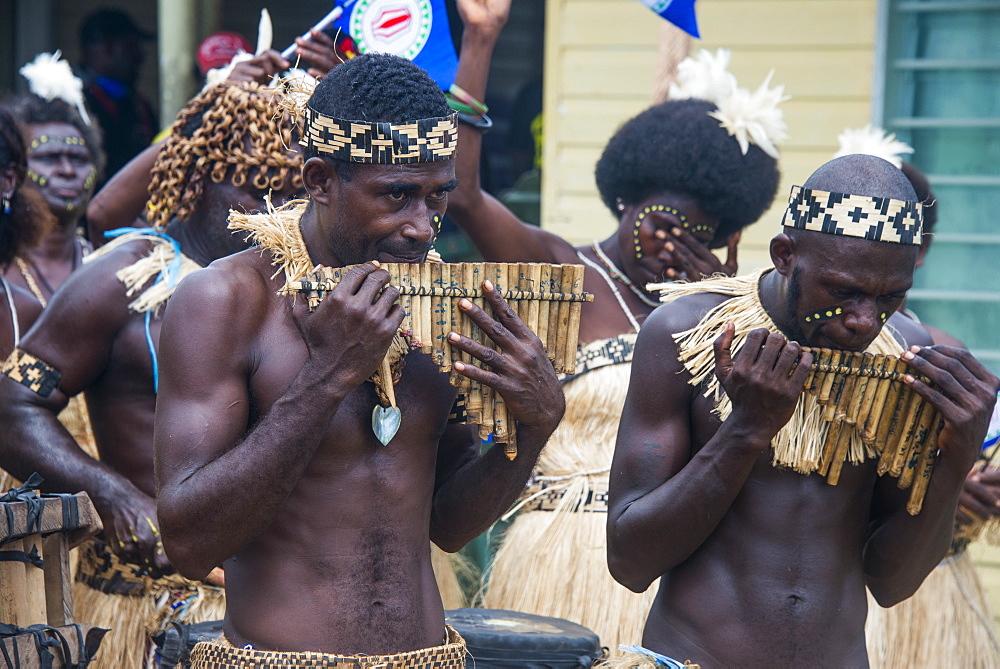 Bamboo band traditionally dressed, Buka, Bougainville, Papua New Guinea, Pacific