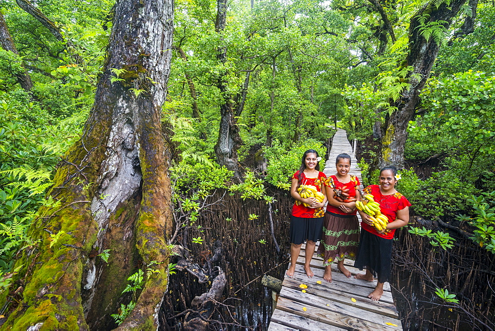 Local girls carrying bananas, Kosrae, Federated States of Micronesia, South Pacific