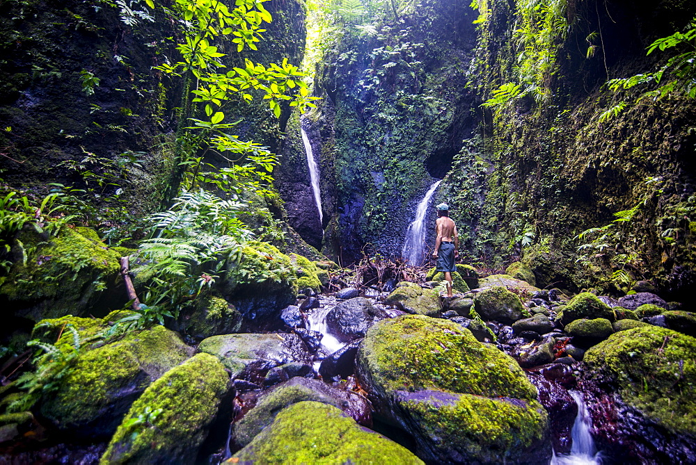 Man looking at the Tafunsak waterfall, Kosrae, Federated States of Micronesia, South Pacific