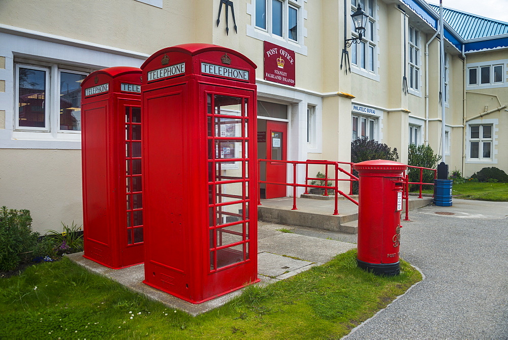 Post office and typical phone boxes, Stanley, capital of the Falkland Islands, South America