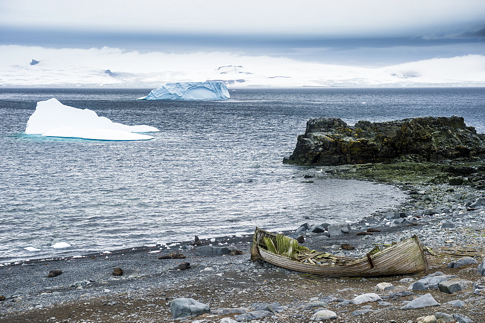 Old cargo boat on the shores of Half Moon Island, South Shetland Islands, Antarctica, Polar Regions