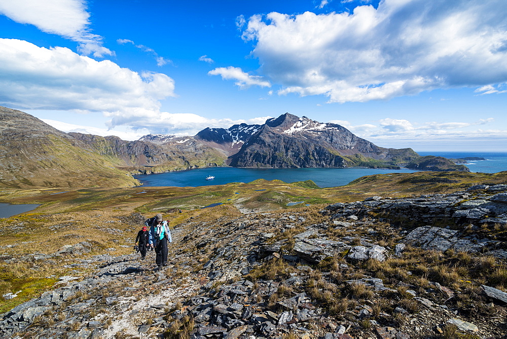 Tourists hiking in Godthul, South Georgia, Antarctica, Polar Regions