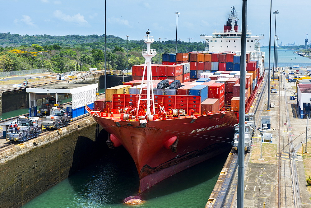 Cargo boats passing the Gatun Locks, Panama Canal, Panama, Central America