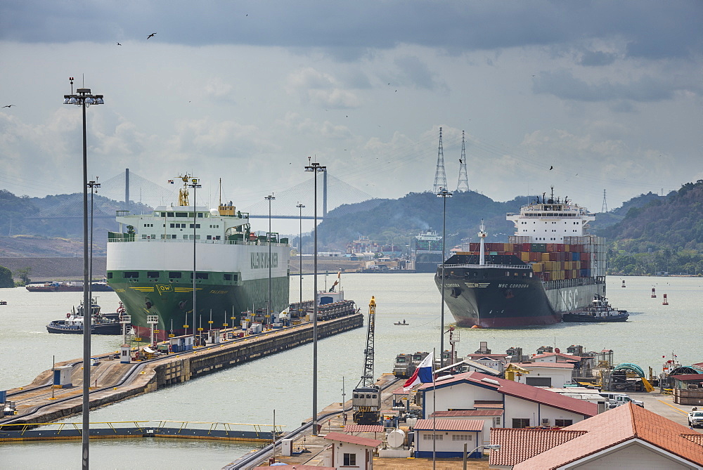 Cargo boats passing the Miraflores Locks, Panama Canal, Panama City, Panama, Central America