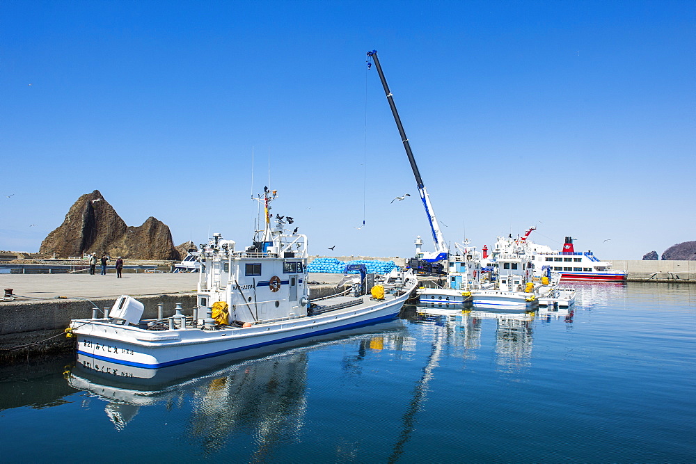 Boat harbour for vistitor boats in Shiretoko National Park, UNESCO World Heritage Site, Hokkaido, Japan, Asia