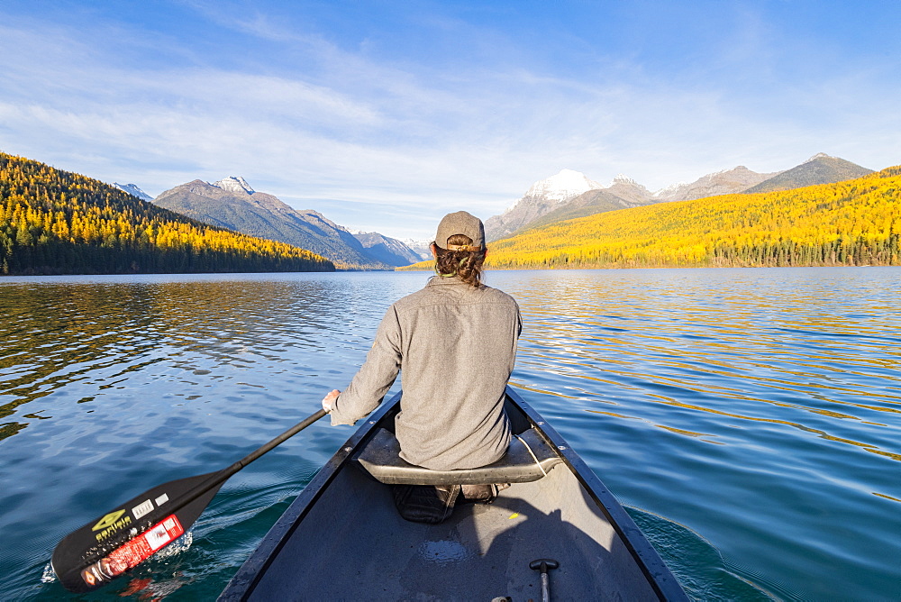 Canoeing across Bowman Lake, Glacier National Park, Montana, United States of America, North America