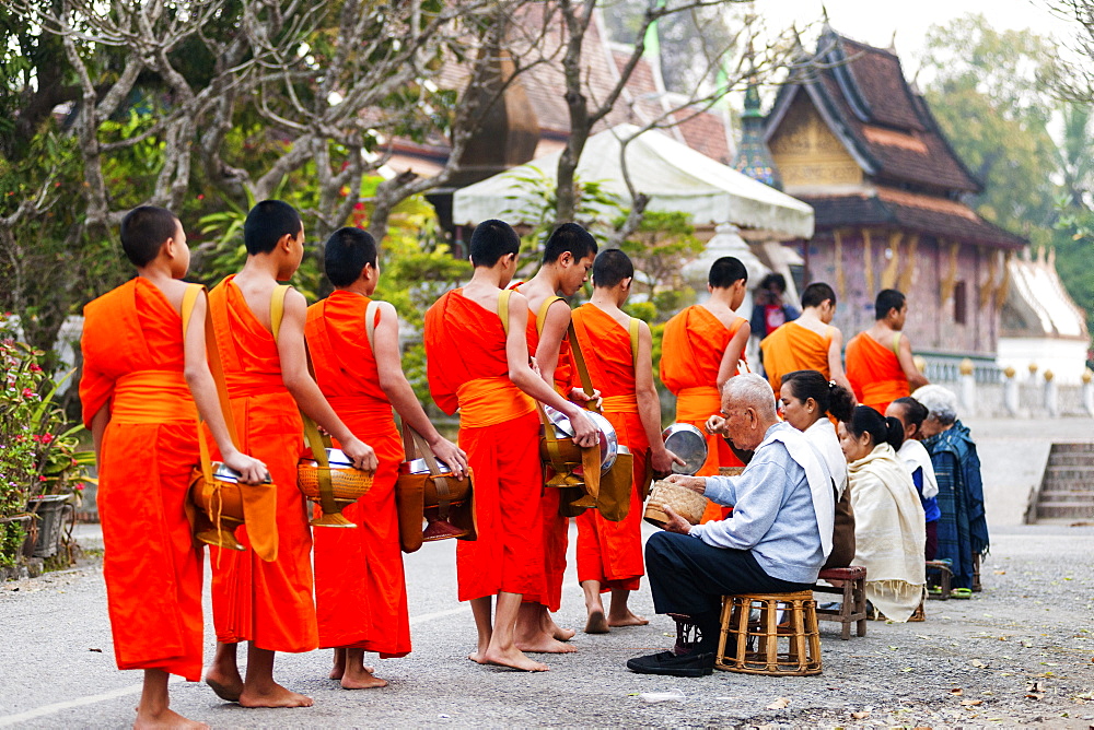 Monks recieving morning alms and Xieng Thong Monastery in the background, Luang Prabang, Laos, Indochina, Southeast Asia, Asia