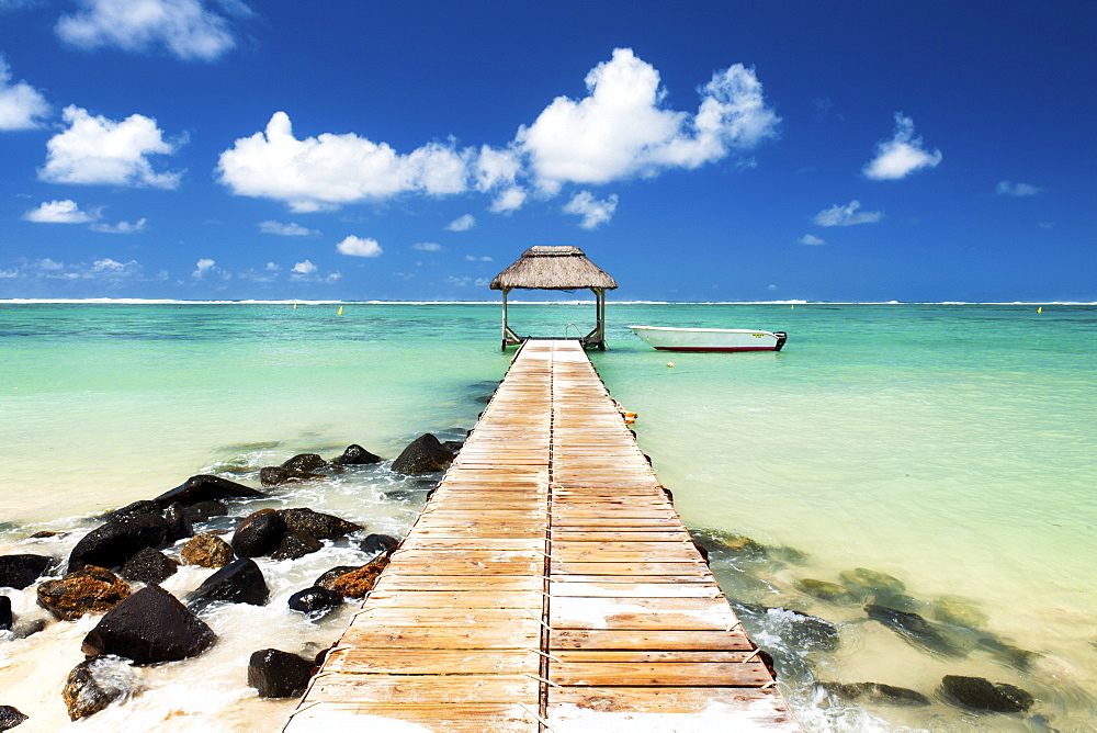 Jetty and boat on the turquoise water, Black River, Mauritius, Indian Ocean, Africa