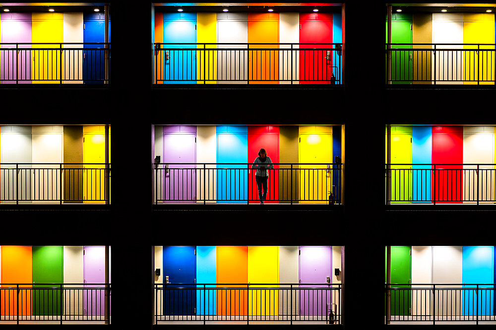 Colourful doors of Soho house, Tokyo, Japan, Asia