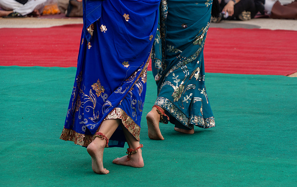 Thai classical dancers and musicians at Makha Bucha Buddhist celebrations where relics of Buddha are enshrined at the Royal Park Rajapruek, Chiang Mai, Thailand, Southeast Asia, Asia