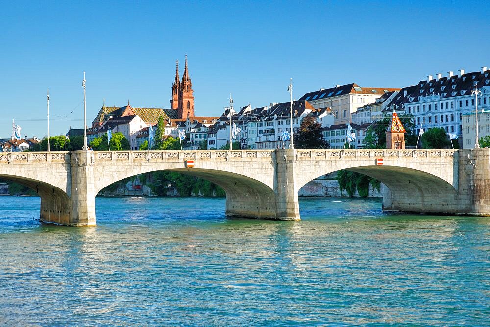 Old town of Basel with the cathedral of Basel and the bridge ???Mittleren Brv?cke??? crossing the river Rhein