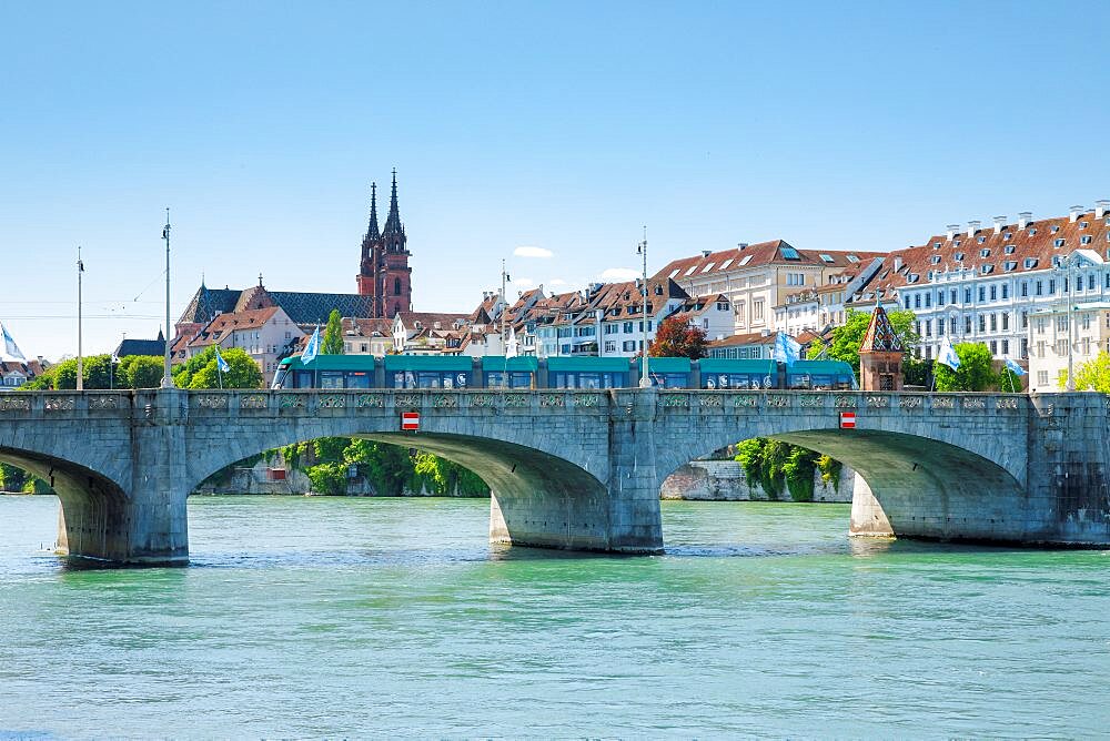 Old town of Basel with the cathedral of Basel and the bridge ???Mittleren Brv?cke??? crossing the river Rhein