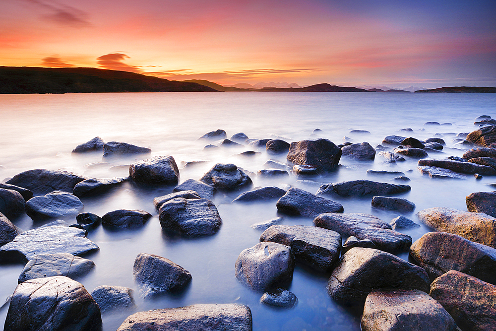 Overlooking rocky Reiff Bay at sunrise with the Summer Isles in the background, shores of northwest Scotland, Highland, Scotland, United Kingdom, Europe