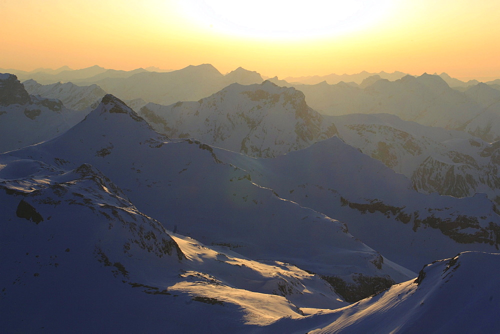 Swiss alps, mountains, winter, valley of lauterbrunnen, view from the schilthorn, 2970 m, bernese , bern, switzerland