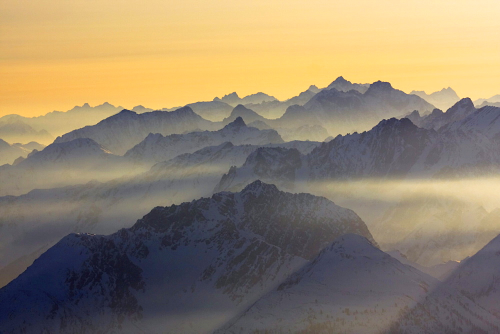 German alps, view from the top of zugspitze in winter, silhouettes, bayern, germany