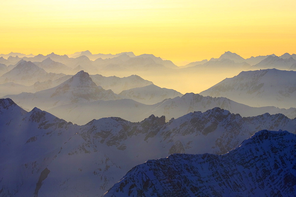 German alps, view from the top of zugspitze in winter, silhouettes, bayern, germany