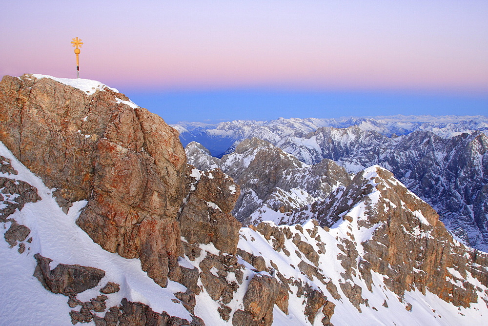 German alps, view from the top of zugspitze in winter, dusk, bayern, germany