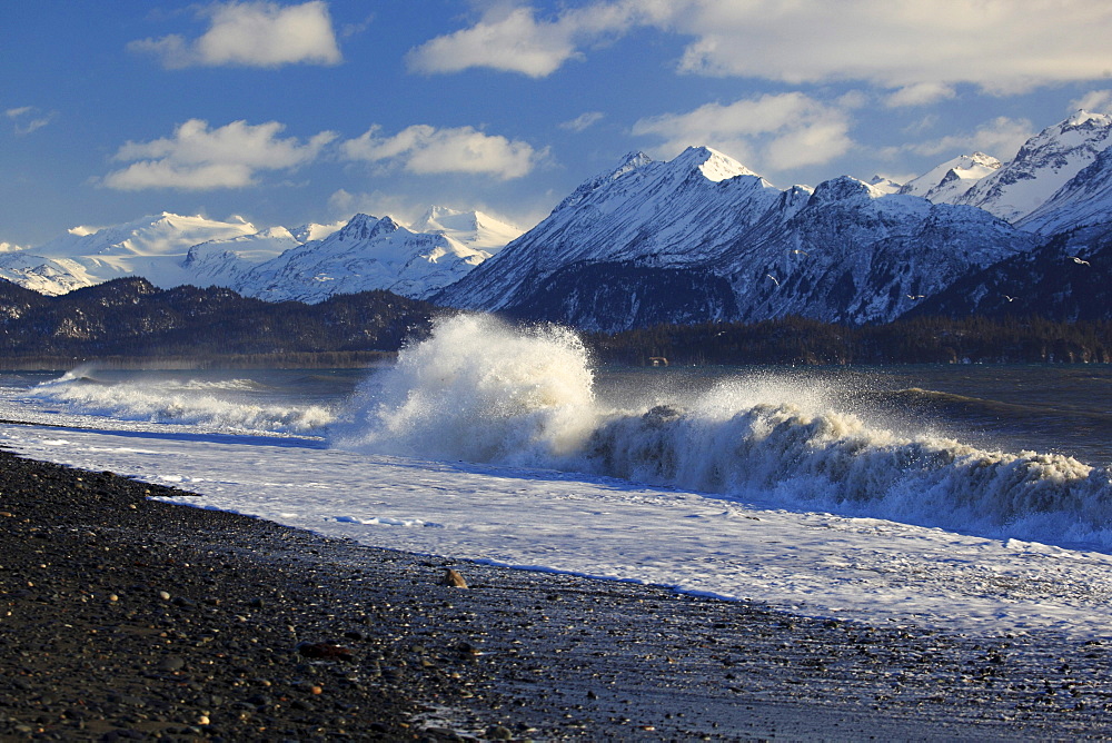 Kachemak bay and kenai mountains, homer spit, homer, kenai peninsula, alaska, usa