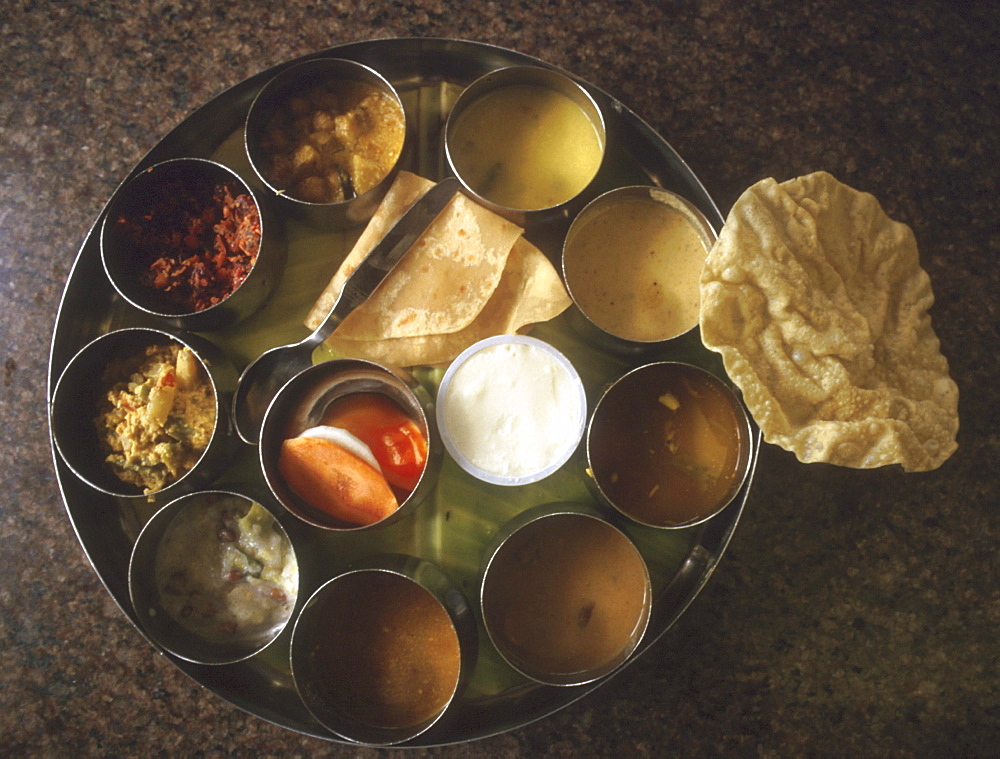 India - food: a vegetarian thali meal served in a restauarnt in kerala