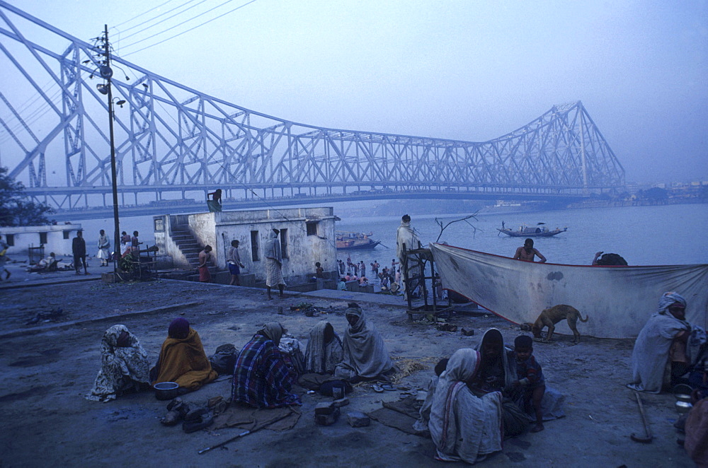 Howrah bridge and homeless people, india.