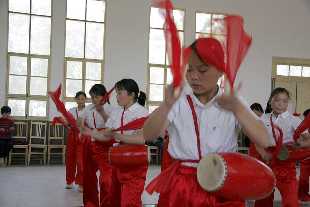 China children doing cereminial dance and acrobtics, ludung village, shaanxi.