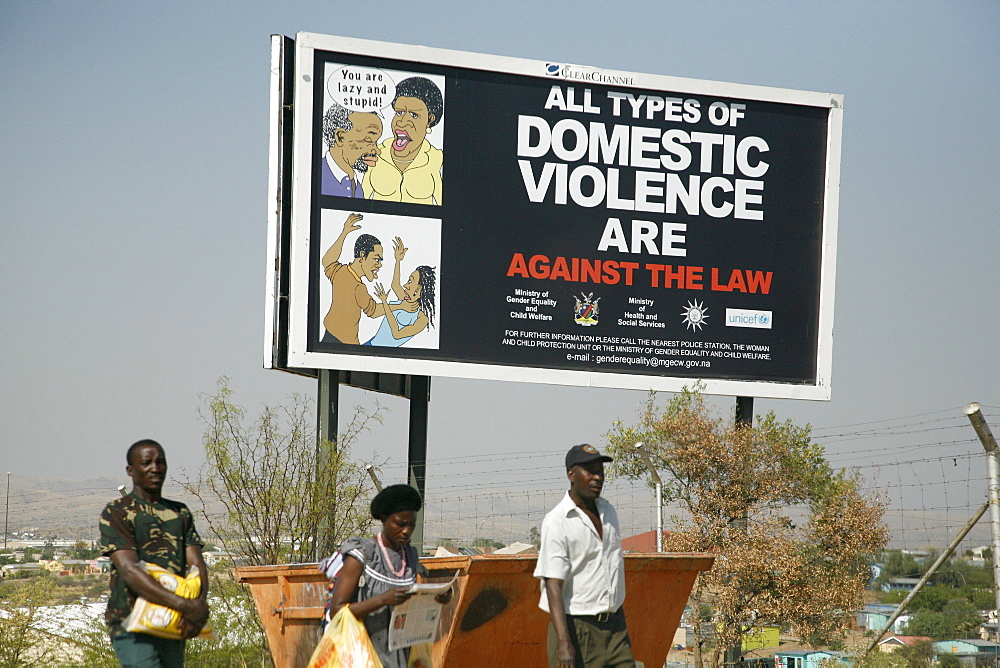 Namibia billboard warning against domestic violence. Slum district of katatura, windhoek