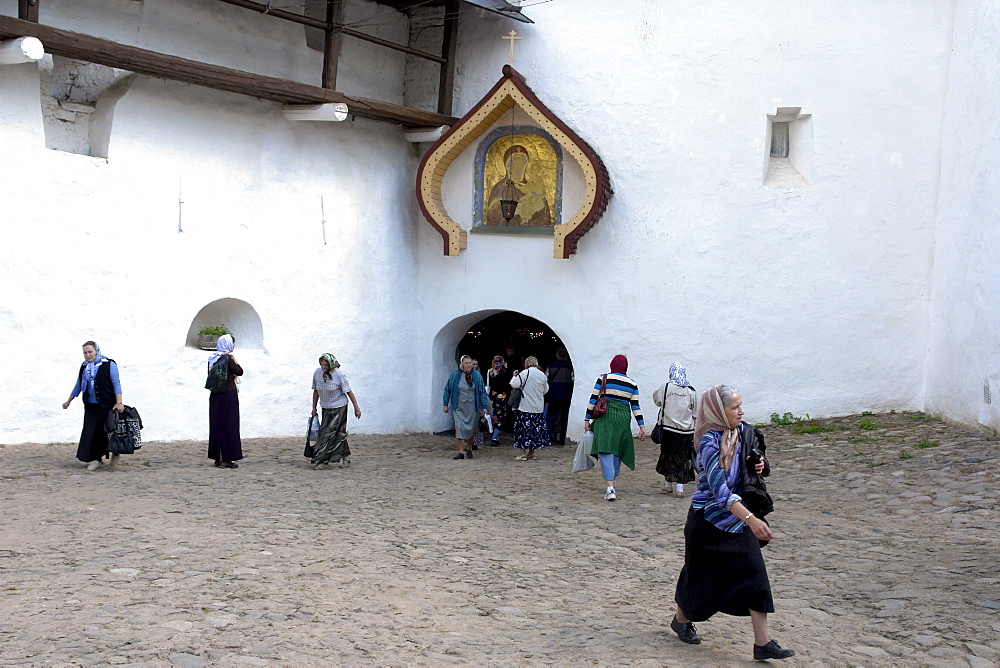 Russia entance to inner section of pechersky caves monastery, pskov district, founded on august 28th 1473 by saint jonah sheshnik