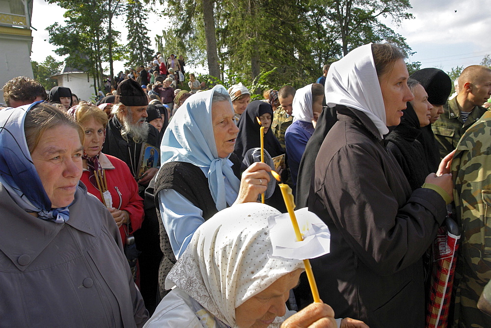 Russia clergy circumambulating monastery during annual feast procession on 28/8/2006 at pechersky caves monastery, pskov district, founded on august 28th 1473 by saint jonah sheshnik