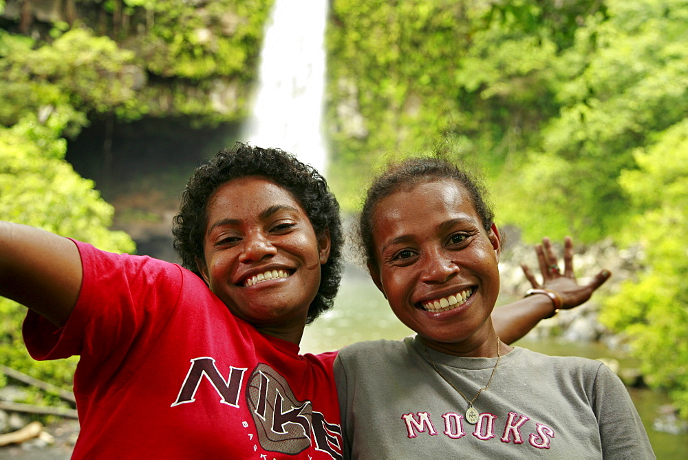 Fiji elena siteri, 22, and paulini mateyawa of qeleni village, at tavoro waterfall, taveuni photo by sean sprague