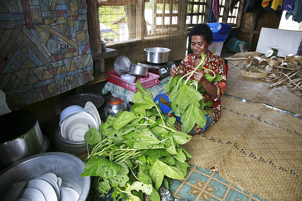 Fiji woman preparing spinach for cooking. taveuni photo by sean sprague