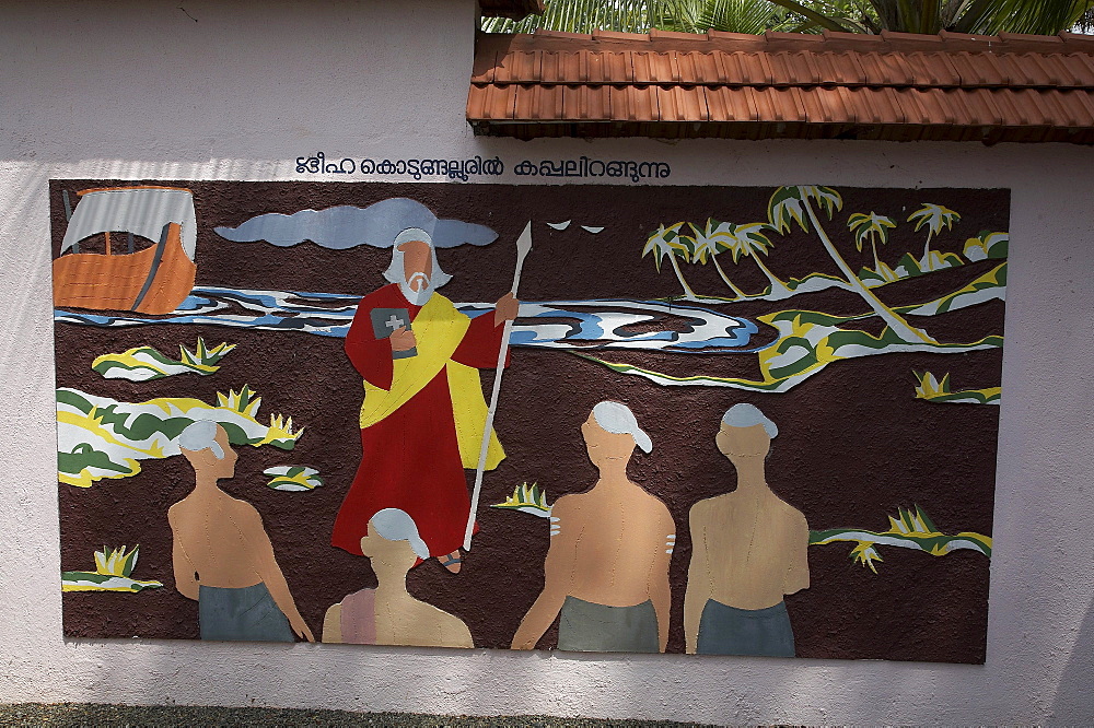 India. Mural depicting the life of thomas, at the saint thomas museum ernakulum. Thomas arriving at coimbatore in 52 ad and meeting brahmins. In the footsteps of saint thomas: visiting the eight churches founded by the apostle in kerala after he arrived in 52 ad