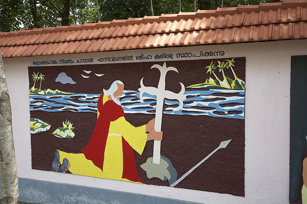 India. Mural depicting the life of thomas, at the saint thomas museum ernakulum. Thomas with his cross in kokkamangalam. In the footsteps of saint thomas: visiting the eight churches founded by the apostle in kerala after he arrived in 52 ad